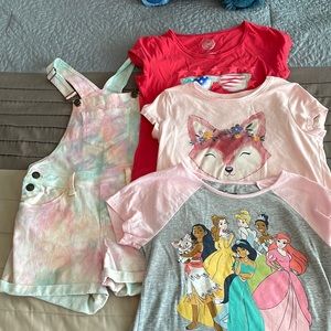 Girls overall shorts and 3 shirts size 10